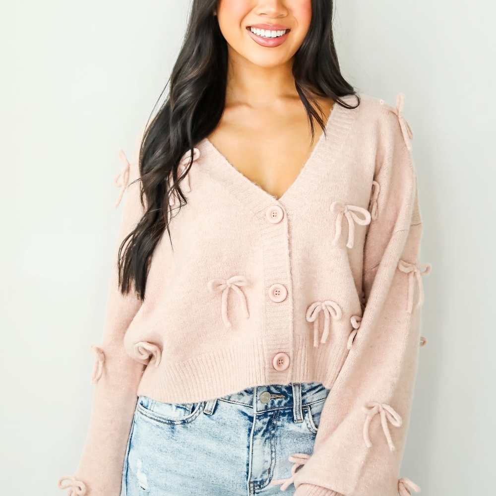 Elegant Pink Bow-Detail Cardigan - Picture 6 of 10